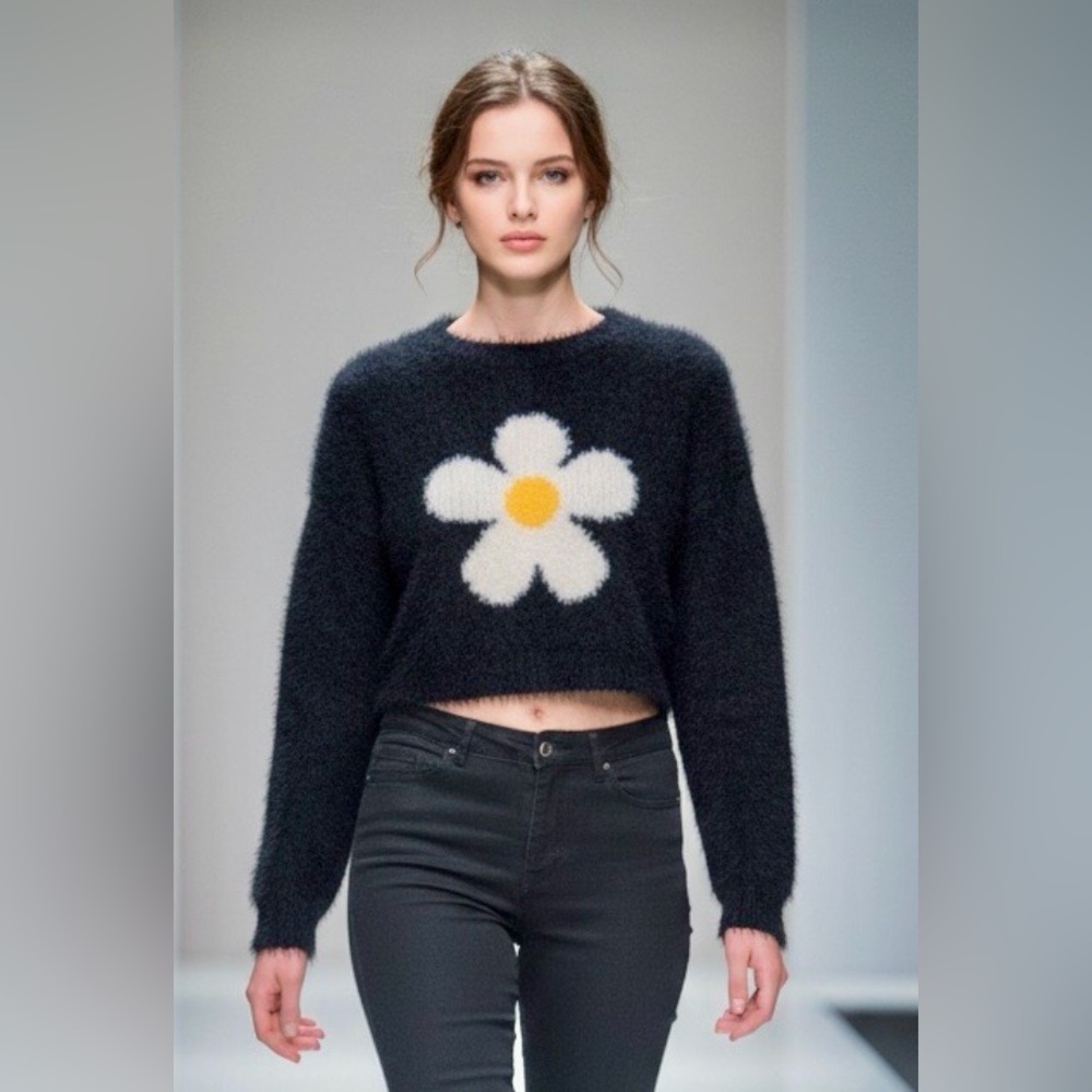 Fashion Nova Floral Fuzzy Cropped Black Sweater in M